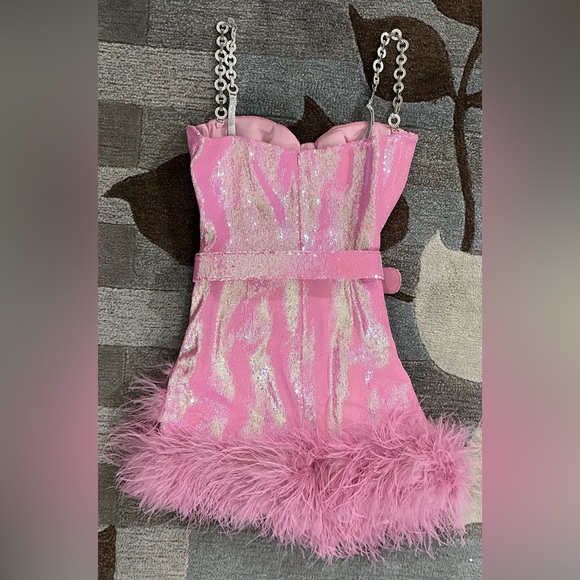 Nadine Merabi Fifi Iridescent Sequined Pink Belted Mini Dress w Feather Hemline - Picture 6 of 12